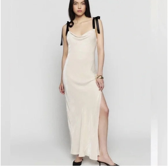 Reformation nya maxi dress velvet white cream SZ 0 tie black slit velour - Picture 4 of 6